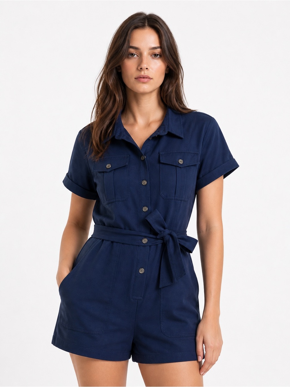 Greylin Navy Short Sleeve Utility Romper with Tie Waist